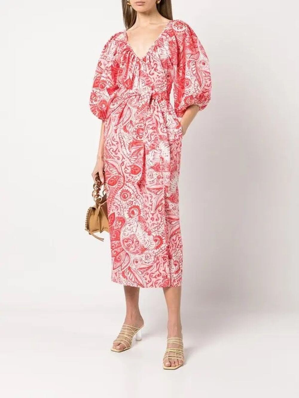 Mara Hoffman Fila Red Printed Organic Cotton-Voile Puff Sleeve Midi Wrap Dress L